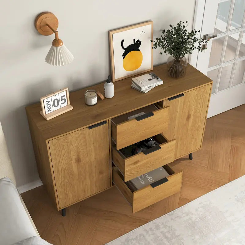 Bahut Commode, Meuble de Bar à Café, Meuble de 120 cm avec 3 Tiroirs et 2 Portes, Buffet de Cuisine Placard Naturel
