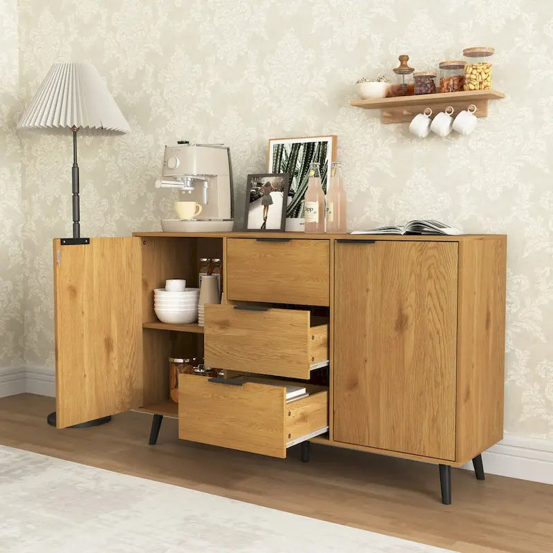 Bahut Commode, Meuble de Bar à Café, Meuble de 120 cm avec 3 Tiroirs et 2 Portes, Buffet de Cuisine Placard Naturel