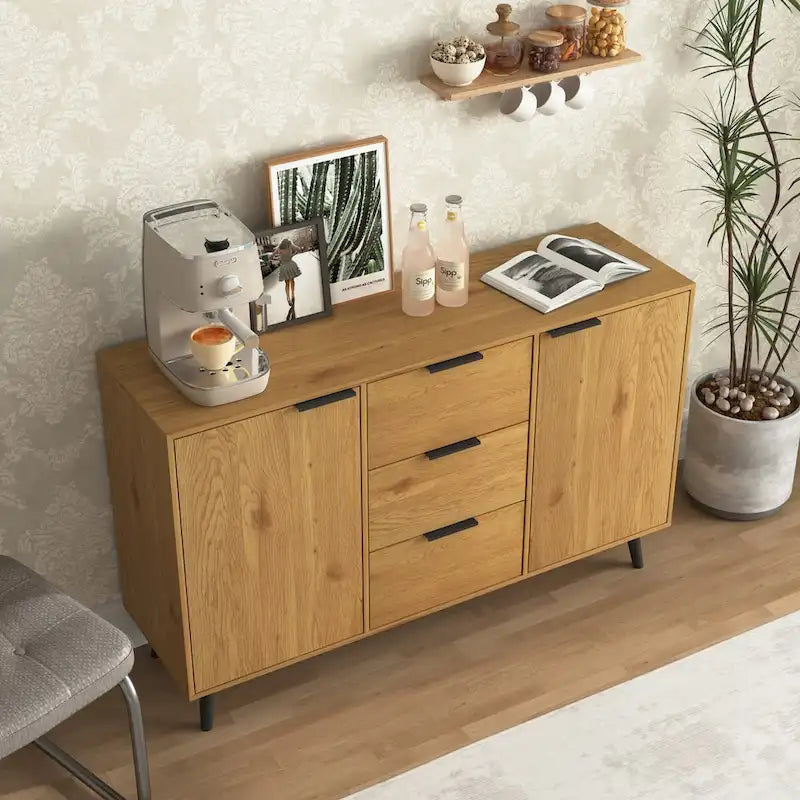 Bahut Commode, Meuble de Bar à Café, Meuble de 120 cm avec 3 Tiroirs et 2 Portes, Buffet de Cuisine Placard Naturel