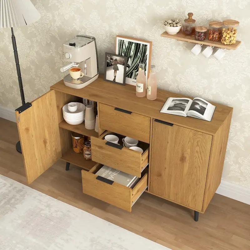 Bahut Commode, Meuble de Bar à Café, Meuble de 120 cm avec 3 Tiroirs et 2 Portes, Buffet de Cuisine Placard Naturel
