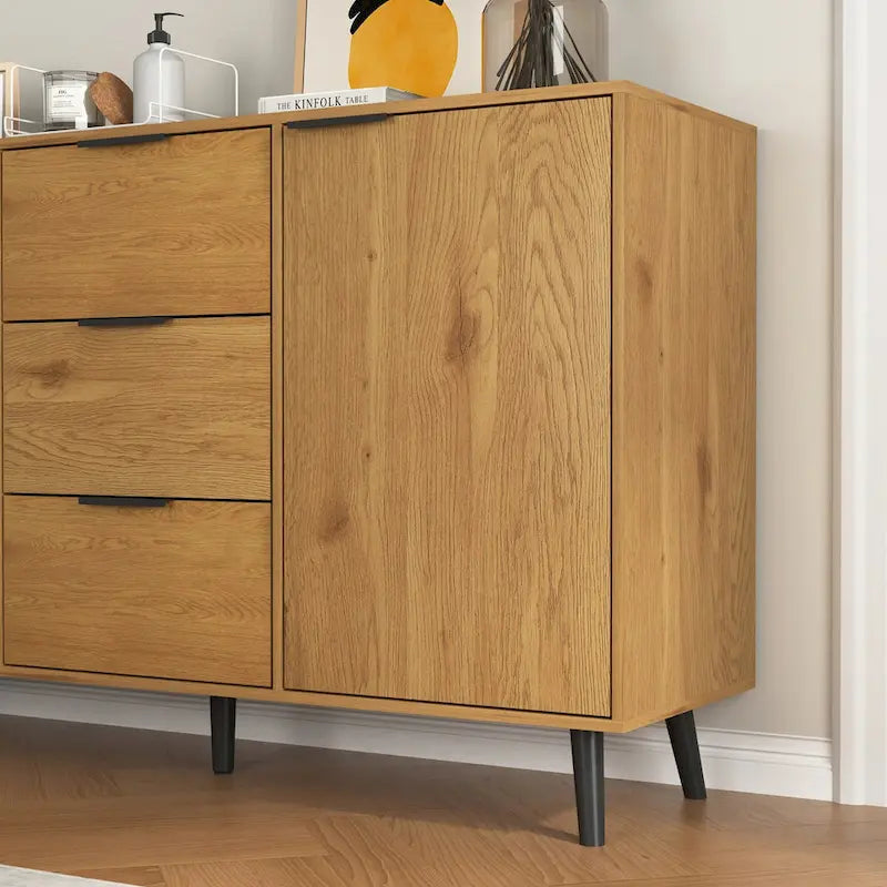 Bahut Commode, Meuble de Bar à Café, Meuble de 120 cm avec 3 Tiroirs et 2 Portes, Buffet de Cuisine Placard Naturel