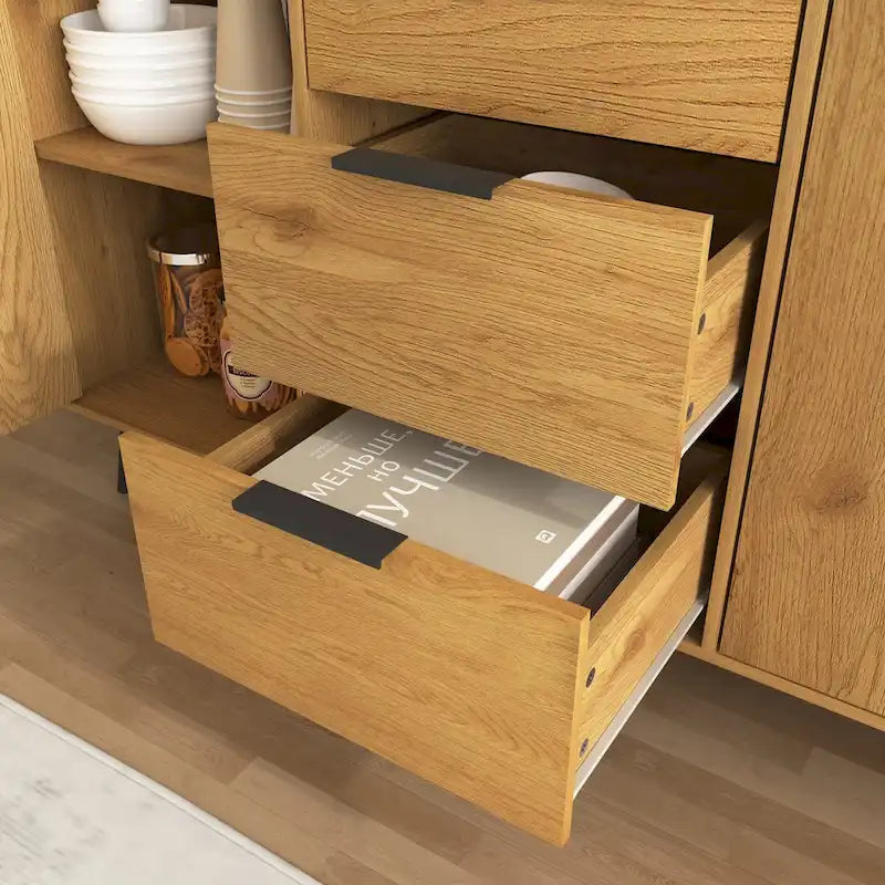 Bahut Commode, Meuble de Bar à Café, Meuble de 120 cm avec 3 Tiroirs et 2 Portes, Buffet de Cuisine Placard Naturel