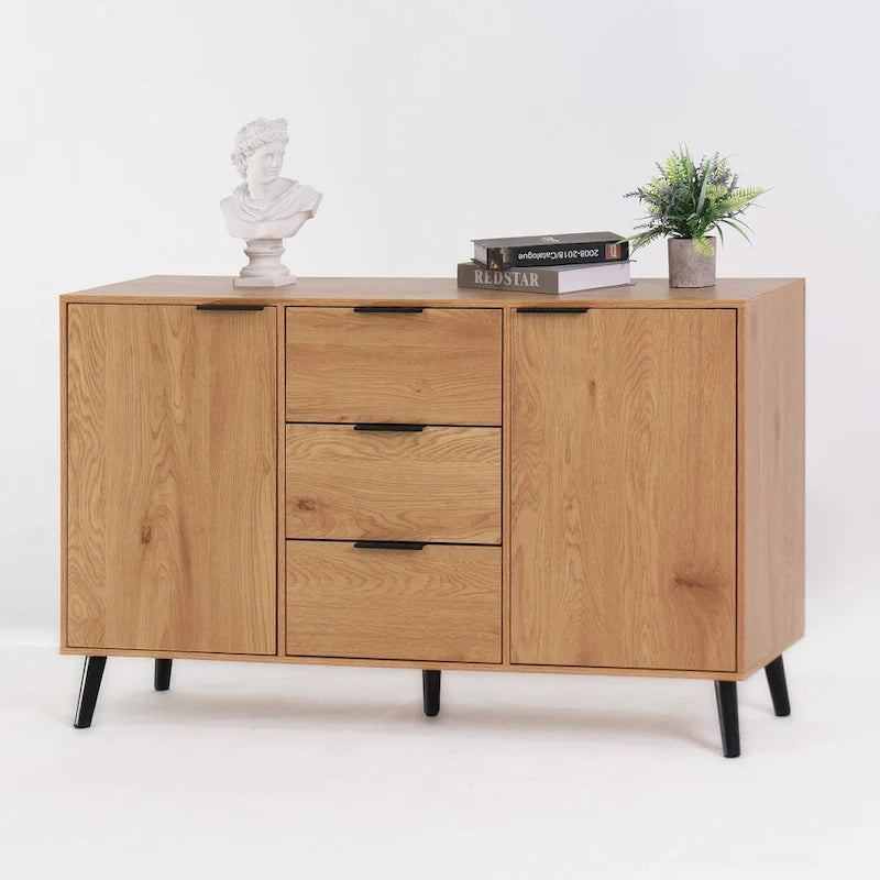 Bahut Commode, Meuble de Bar à Café, Meuble de 120 cm avec 3 Tiroirs et 2 Portes, Buffet de Cuisine Placard Naturel