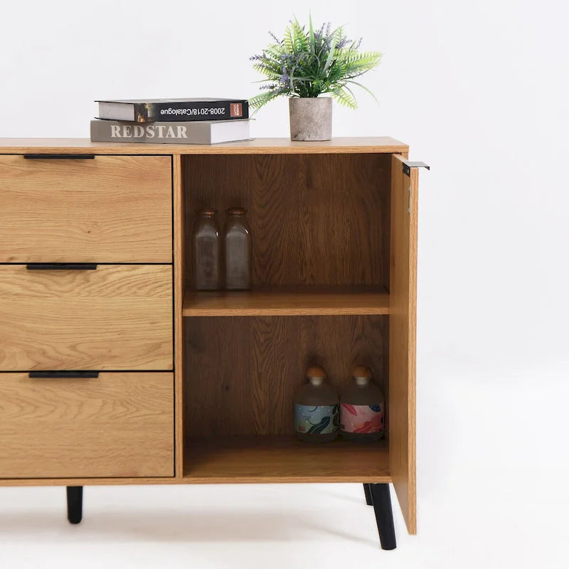 Bahut Commode, Meuble de Bar à Café, Meuble de 120 cm avec 3 Tiroirs et 2 Portes, Buffet de Cuisine Placard Naturel