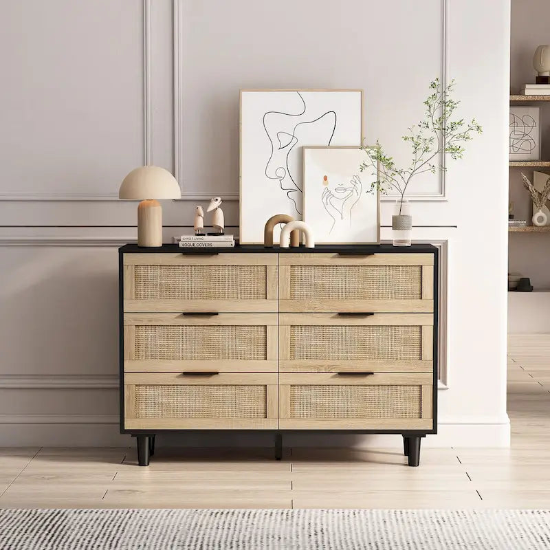 Commode de rangement en rotin Roomfitters 43,31 pouces à 6 tiroirs, noire, pour chambre et salon