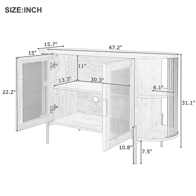 Bahut de salle à manger incurvé à 2 portes – Élégant avec garniture dorée et portes en rotin tissé