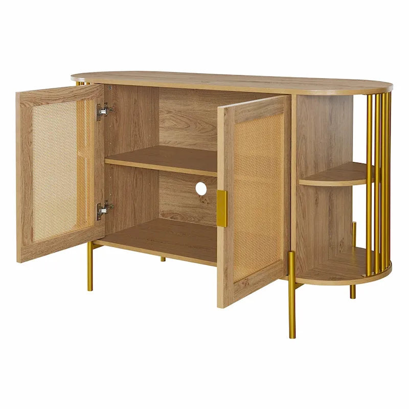 Bahut de salle à manger incurvé à 2 portes – Élégant avec garniture dorée et portes en rotin tissé