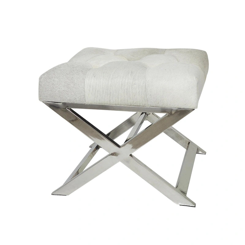 Banc de maison capitonné en cuir avec base diagonale argentée - Gris - Roche River Decor