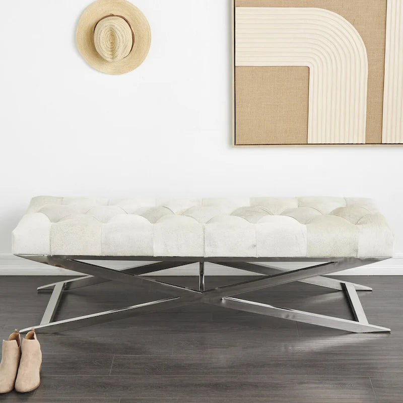 Banc de maison capitonné en cuir avec base diagonale argentée - Gris - Roche River Decor