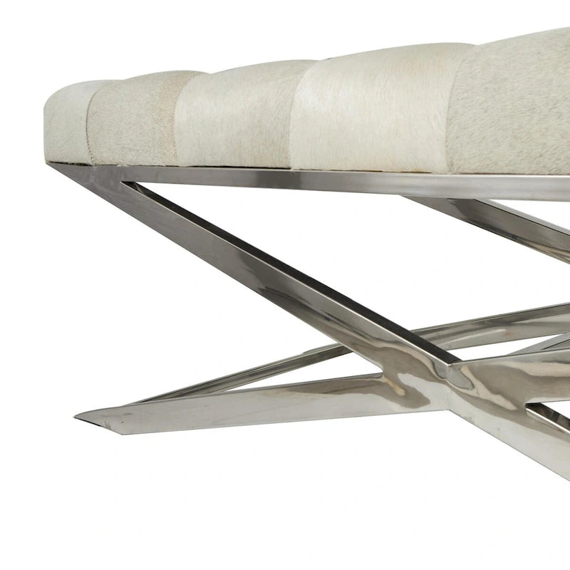 Banc de maison capitonné en cuir avec base diagonale argentée - Gris - Roche River Decor