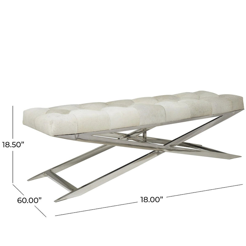 Banc de maison capitonné en cuir avec base diagonale argentée - Gris - Roche River Decor