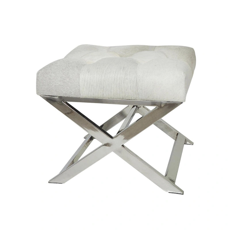 Banc de maison capitonné en cuir avec base diagonale argentée - Gris - Roche River Decor