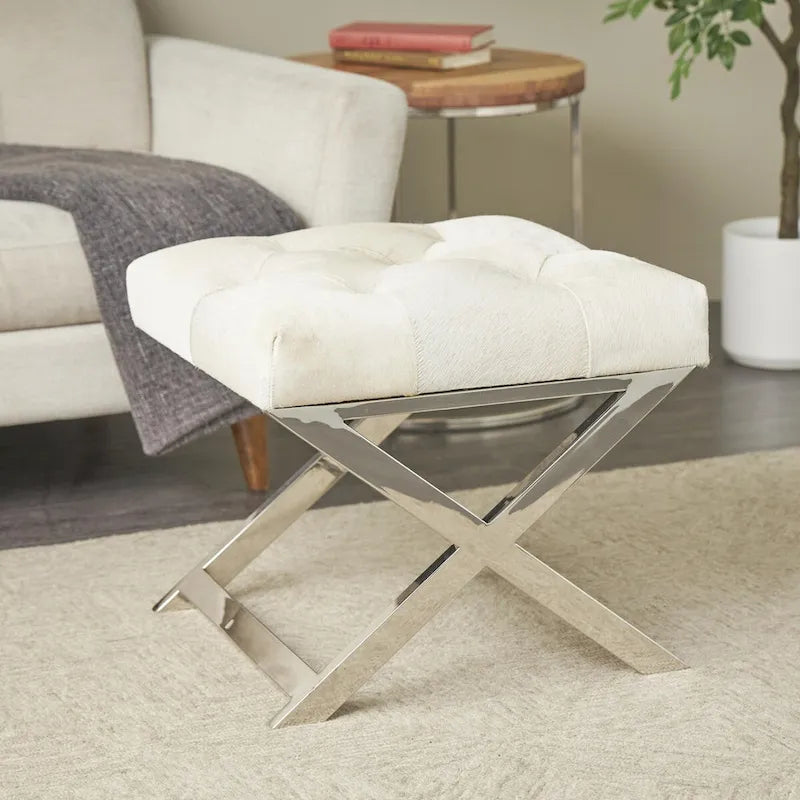 Banc de maison capitonné en cuir avec base diagonale argentée - Gris - Roche River Decor