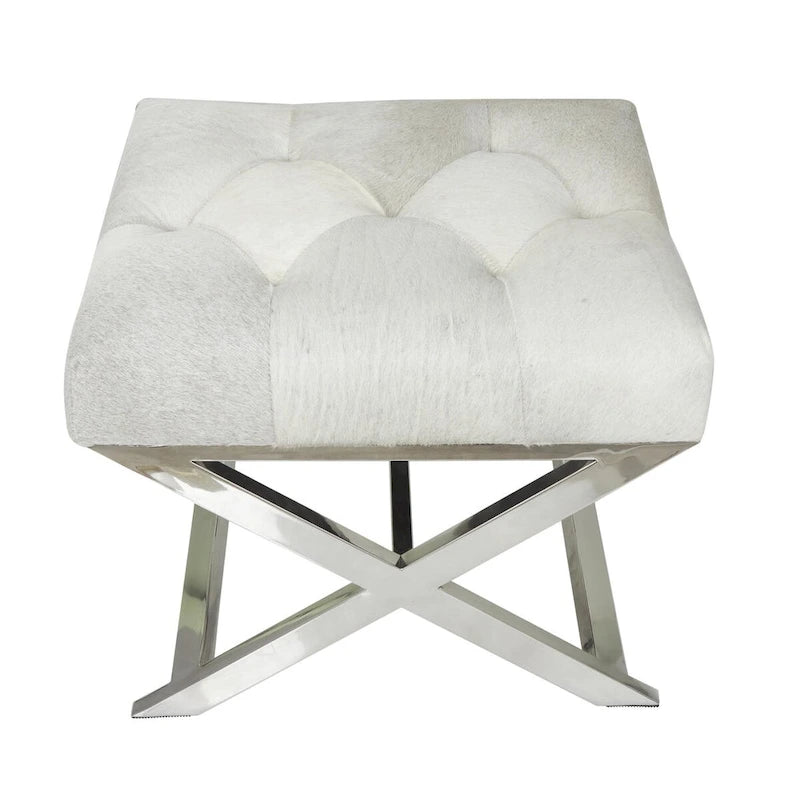 Banc de maison capitonné en cuir avec base diagonale argentée - Gris - Roche River Decor
