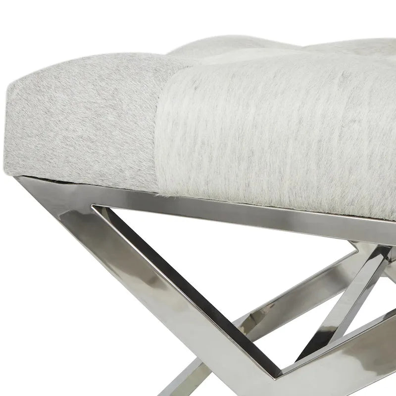 Banc de maison capitonné en cuir avec base diagonale argentée - Gris - Roche River Decor
