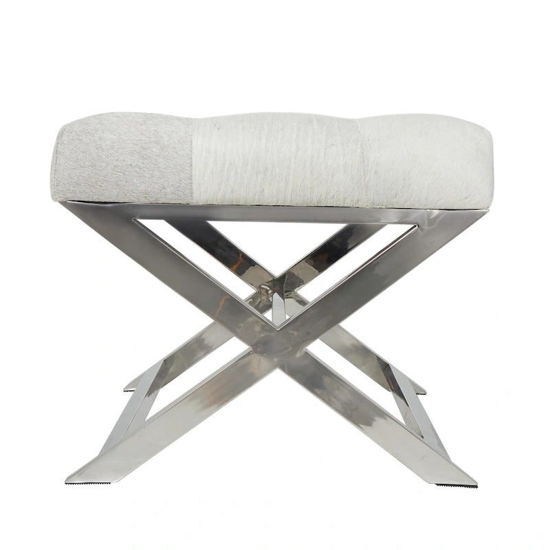 Banc de maison capitonné en cuir avec base diagonale argentée - Gris - Roche River Decor