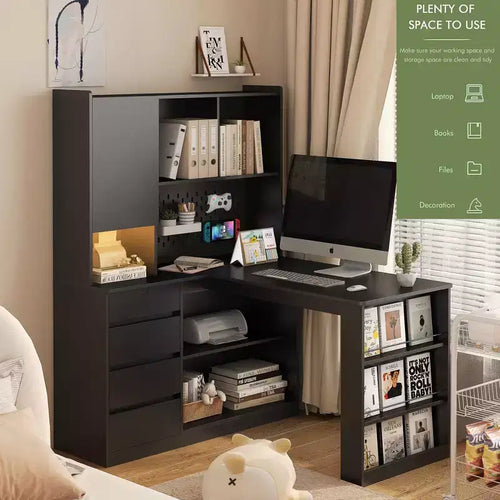 Bureau d'angle en L de 46 pouces avec bibliothèque et tiroirs