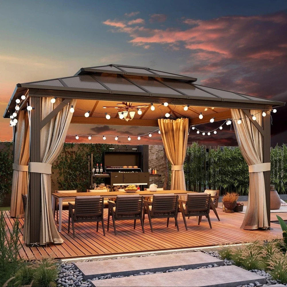 Tonnelle EROMMY à toit rigide, pergola extérieure avec double toit, moustiquaire et rideaux, auvent robuste pour patio, jardin, fête au bord de la piscine