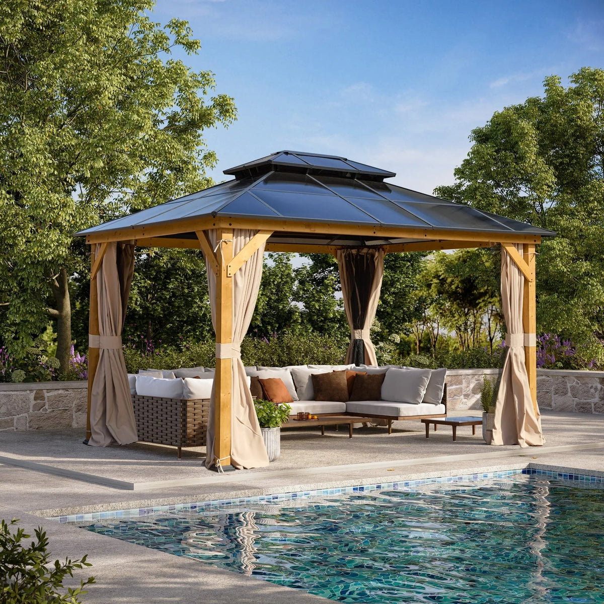Tonnelle EROMMY à toit rigide, pergola extérieure avec double toit, moustiquaire et rideaux, auvent robuste pour patio, jardin, fête au bord de la piscine