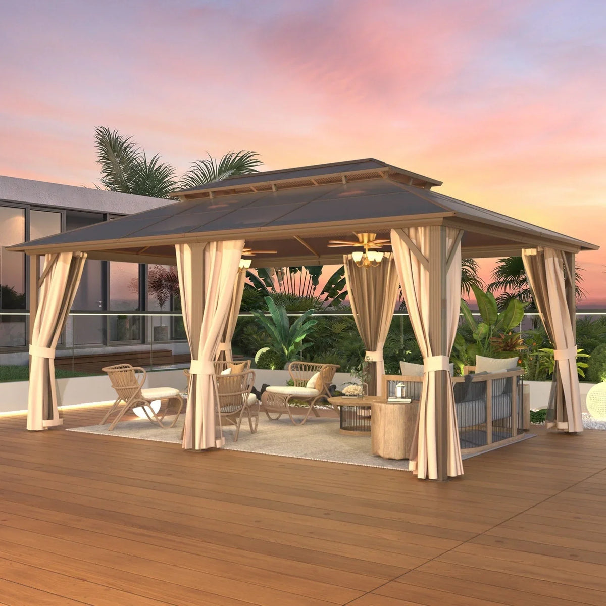 Tonnelle EROMMY à toit rigide, pergola extérieure avec double toit, moustiquaire et rideaux, auvent robuste pour patio, jardin, fête au bord de la piscine