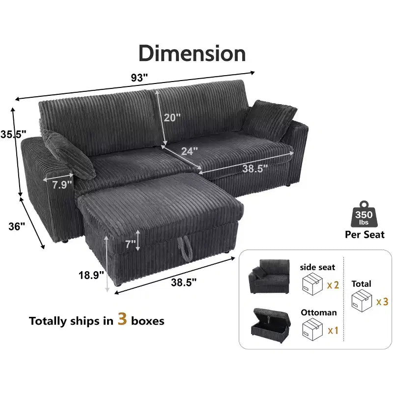 Canapé d'angle modulaire en velours côtelé Dyonery avec housses lavables