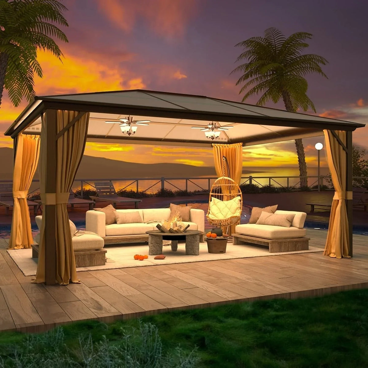Tonnelle EROMMY à toit rigide, pergola extérieure avec double toit, moustiquaire et rideaux, auvent robuste pour patio, jardin, fête au bord de la piscine