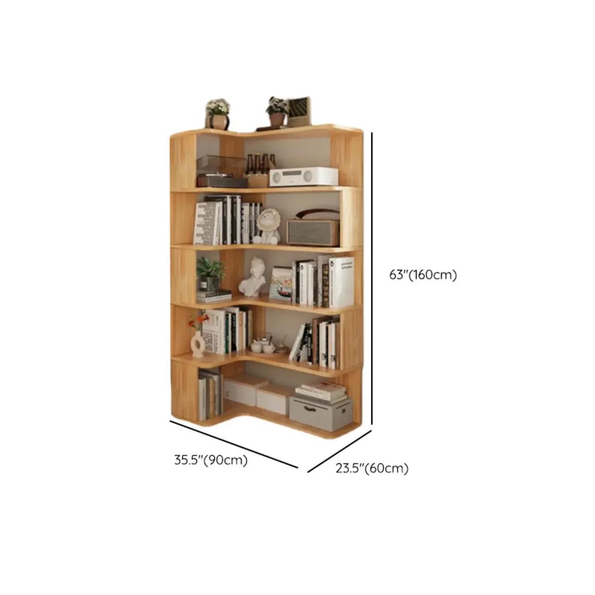 Bibliothèque verticale en bois en L à dos ouvert, finition naturelle