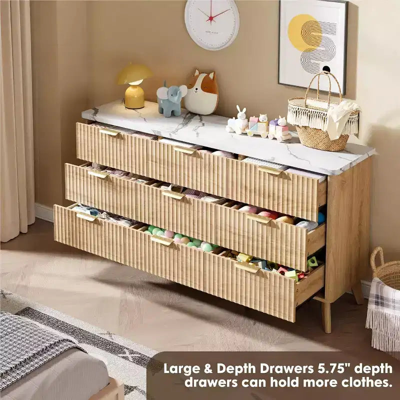 Commode cannelée à 9 tiroirs, commode moderne, meuble TV en bois, design à profil incurvé, pour salon, couloir