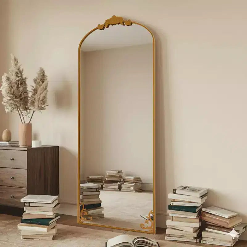 Miroir arqué pleine longueur 65x22, en métal, style baroque vintage, or antique