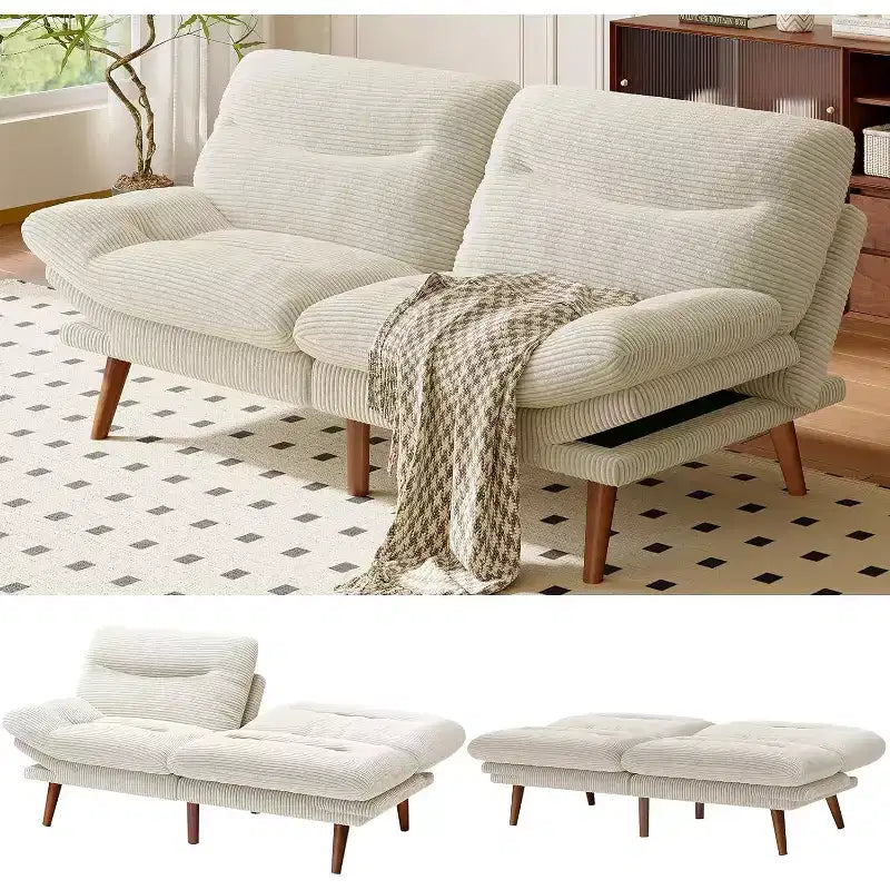 Canapé-lit 168 cm en velours côtelé, avec dossier et accoudoirs réglables, idéal pour les petits espaces, les salons ou les bureaux comme futon.