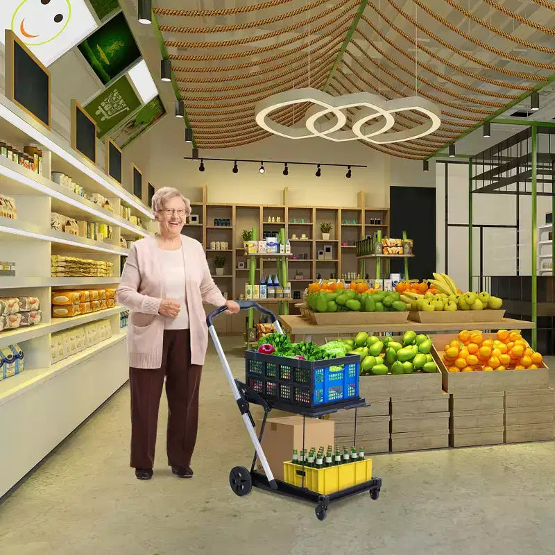 Chariots de courses pliants à 2 niveaux pour l'épicerie, capacité de 90 kg, chariot d'épicerie pliable portable avec roues et caisse amovible pour centre commercial, bleu