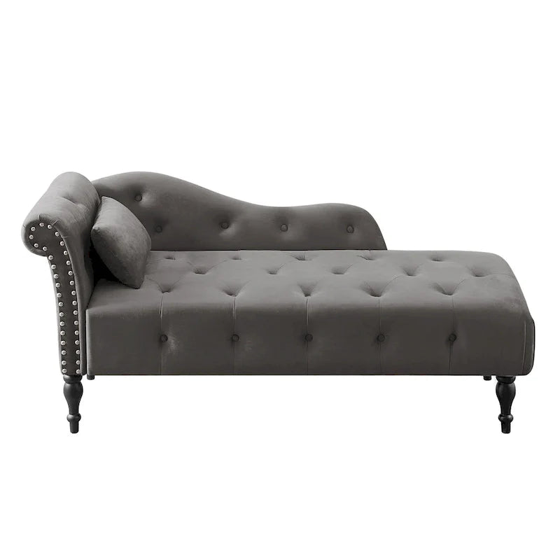 Chaise longue moderne de 154 cm avec revêtement en velours, boutons capitonnés, pieds en bois massif et clous de tapissier