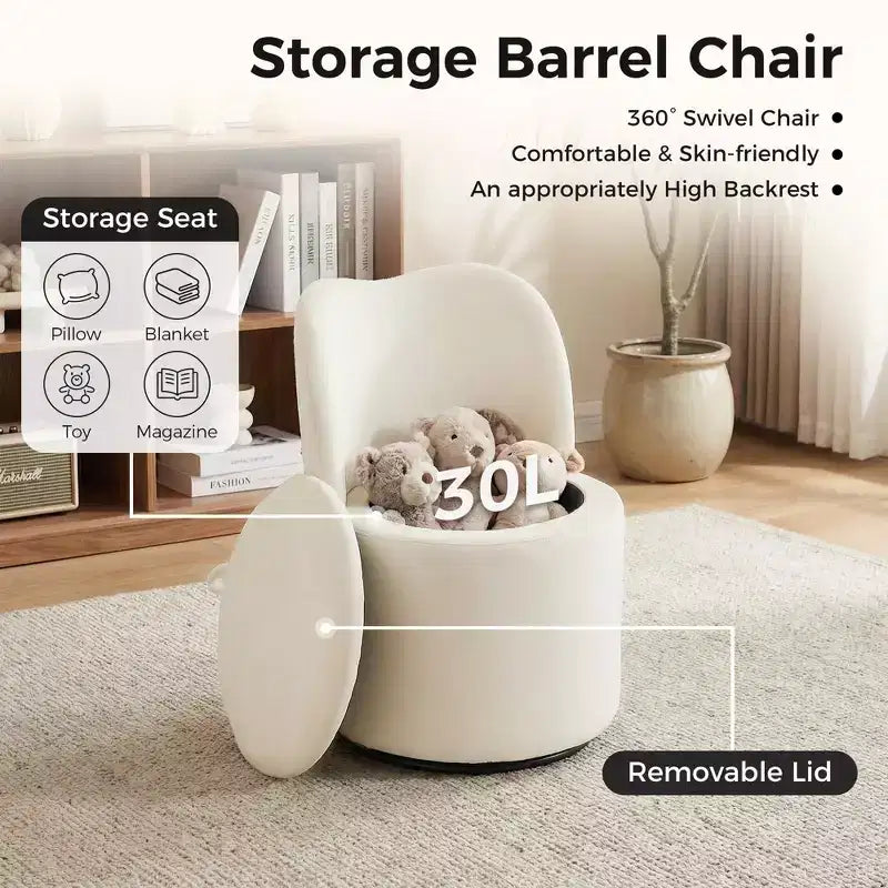 Chaise de vanité pivotante avec rangement, tabouret de maquillage rond rembourré avec dossier, fauteuil d'appoint rembourré doux pour chambre et salon